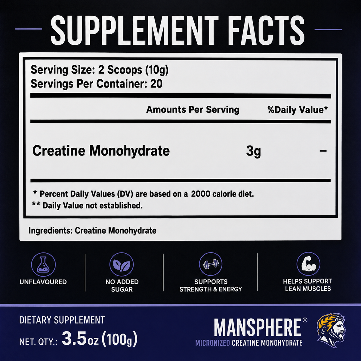 Mansphere Micronized Creatine Monohydrate – Unflavoured 100g