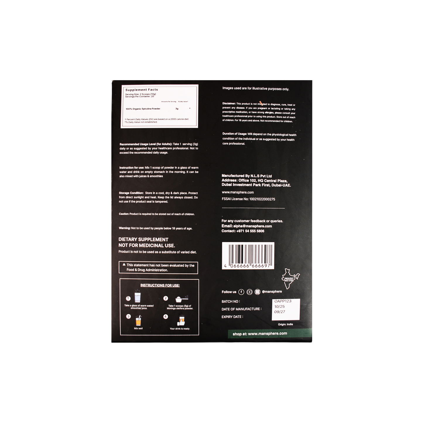 Mansphere Organic Spirulina Powder 100g | 62% Protein