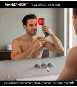 A black hairbrush with red light therapy bristles on the left, and a smooth black back view of the same brush on the right. The brush on the left has a purple power button and red-tipped bristles that glow with red light.