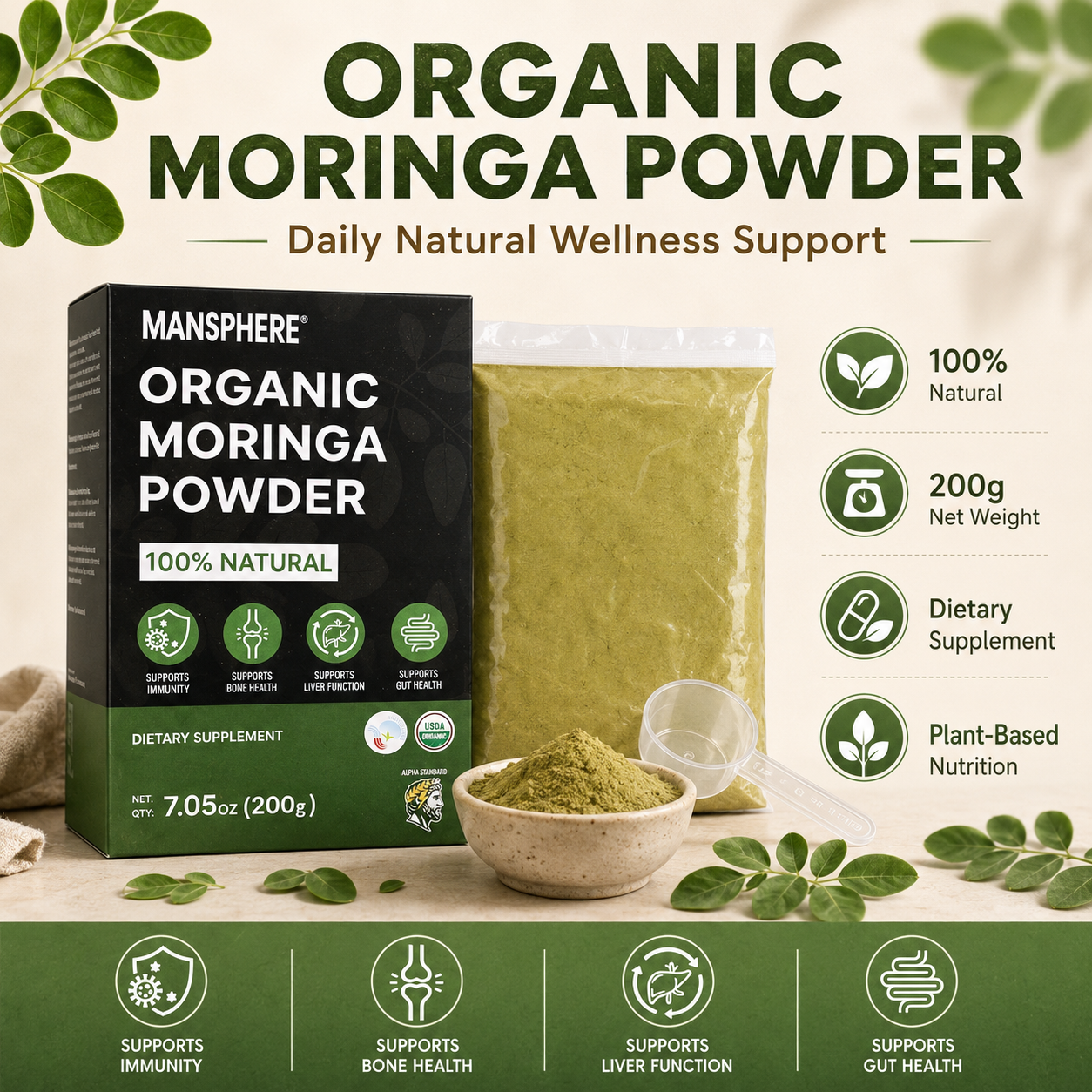 Mansphere Organic Moringa Powder 200g | 100% Natural Superfood