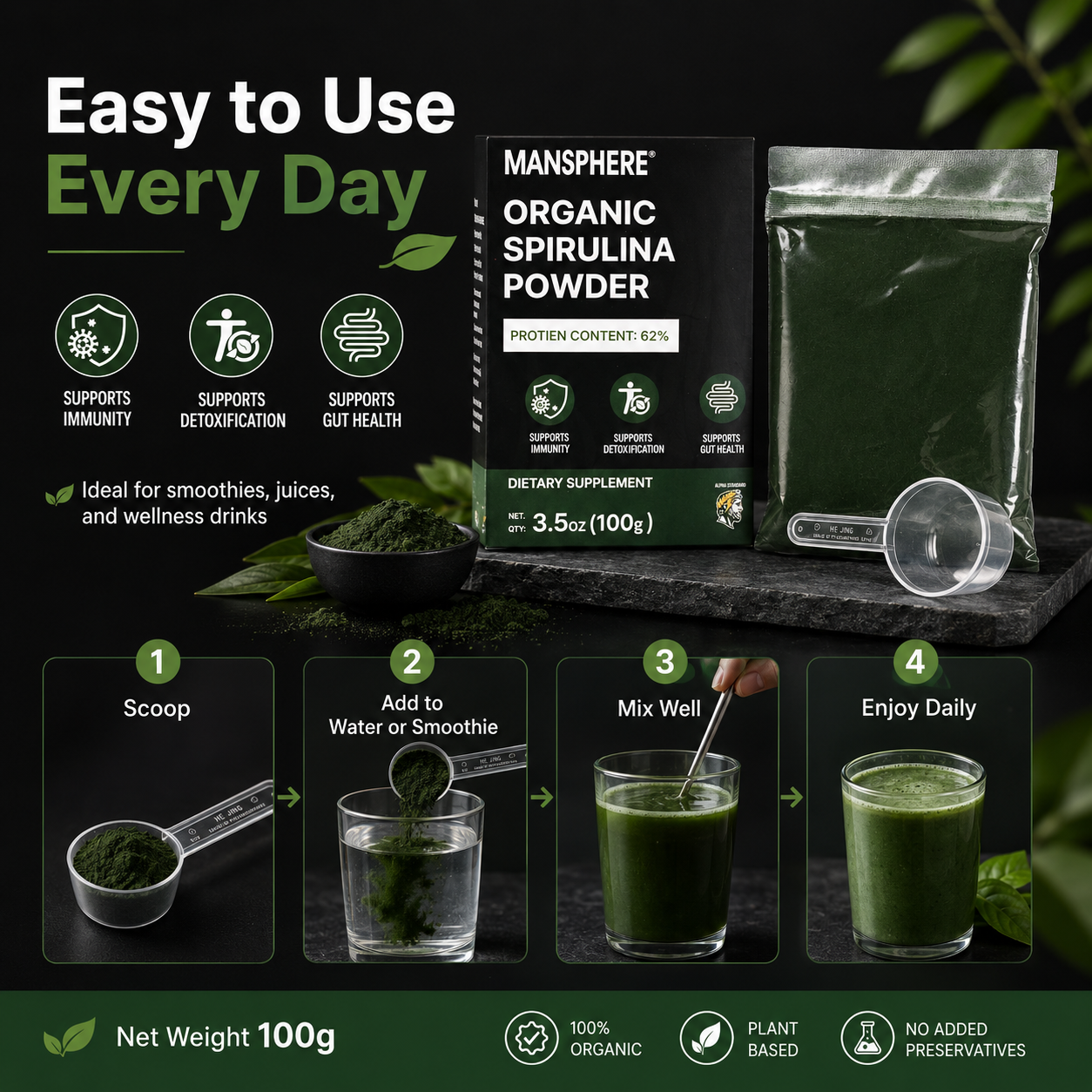 Mansphere Organic Spirulina Powder 100g | 62% Protein