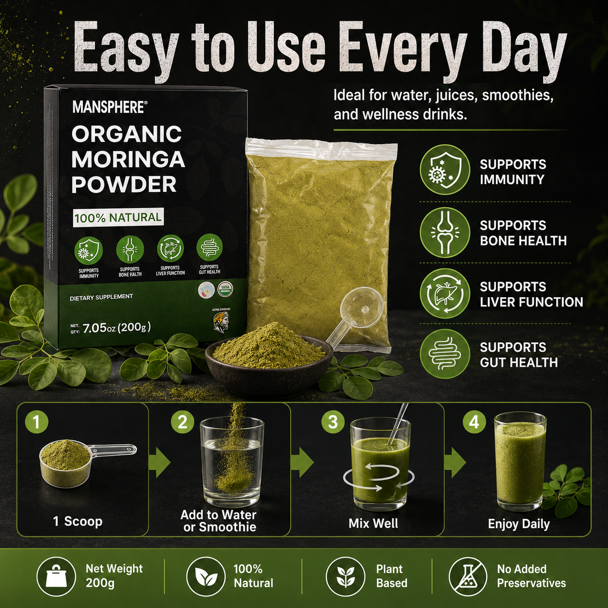Mansphere Organic Moringa Powder 200g | 100% Natural Superfood