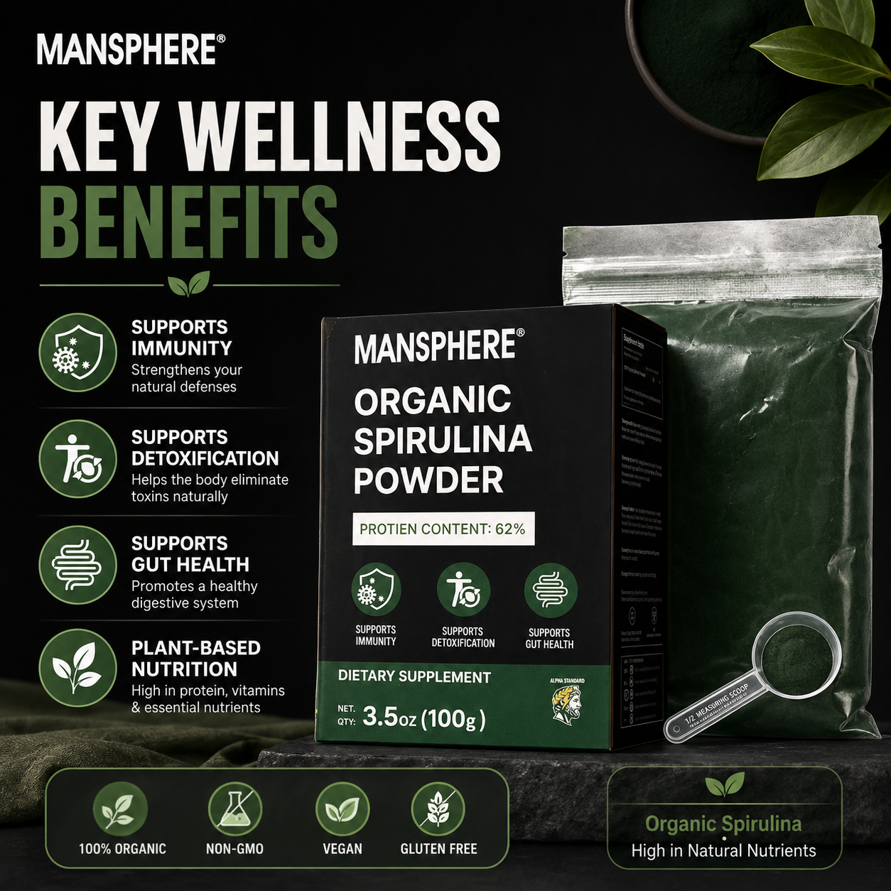 Mansphere Organic Spirulina Powder 100g | 62% Protein