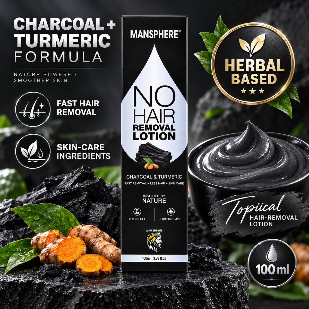 Mansphere No Hair Removal Lotion with Charcoal & Turmeric – 100ml
