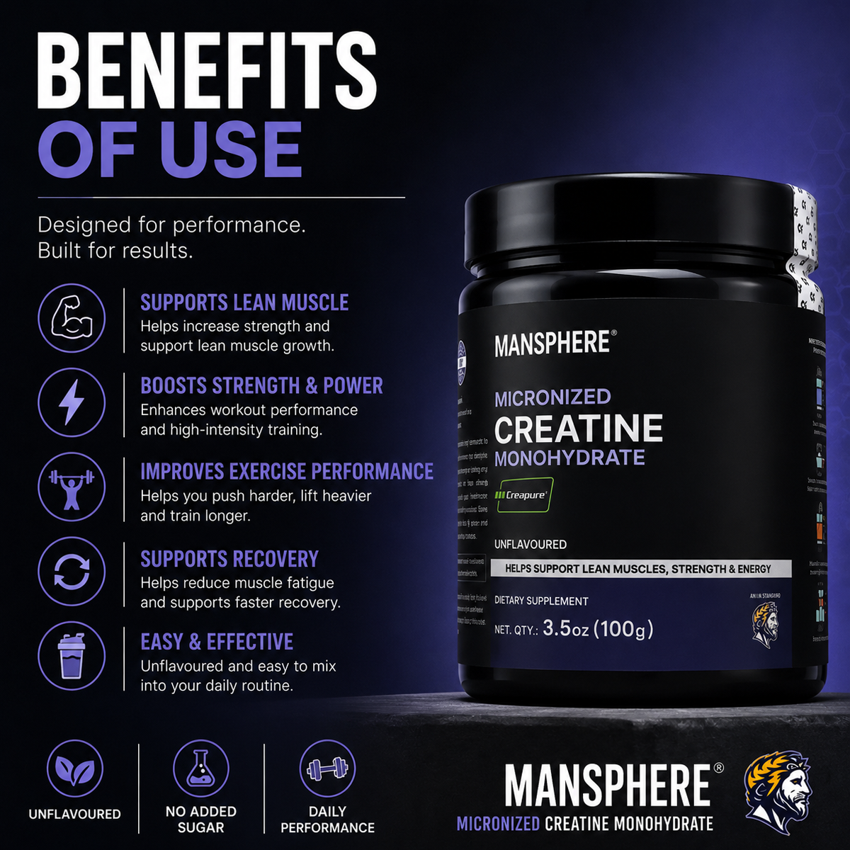 Mansphere Micronized Creatine Monohydrate – Unflavoured 100g