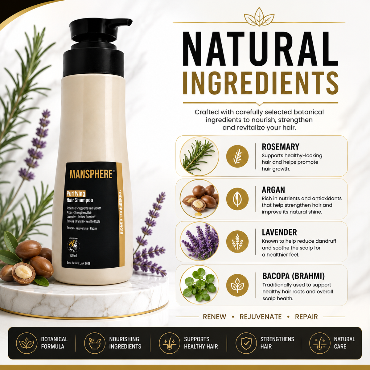 Mansphere Purifying Hair Shampoo with Rosemary, Argan, Lavender & Bacopa – 350ml