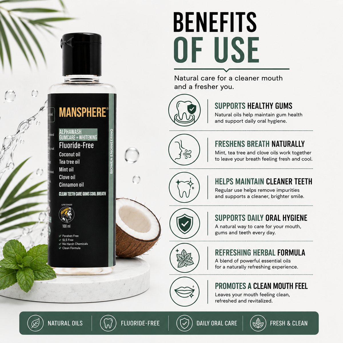 Mansphere Alphawash Gumcare + Whitening Fluoride-Free Mouthwash – 100ml