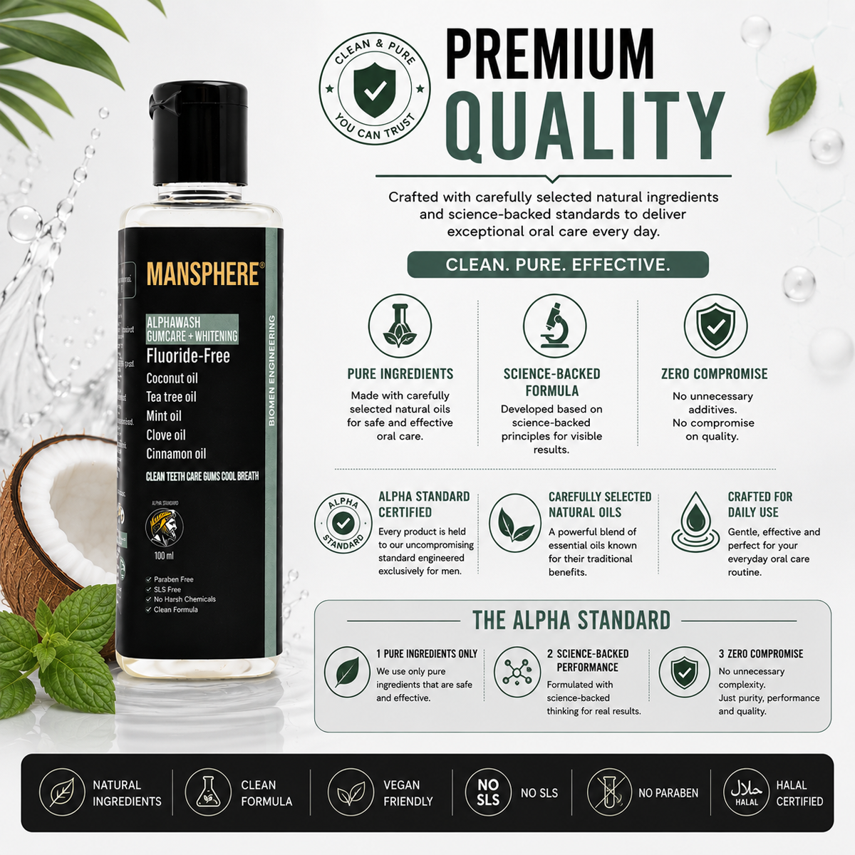 Mansphere Alphawash Gumcare + Whitening Fluoride-Free Mouthwash – 100ml