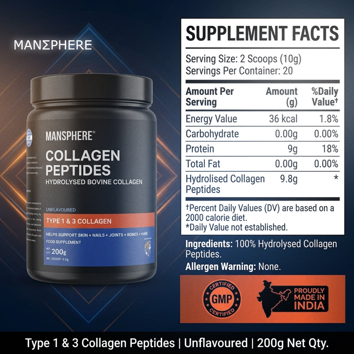 Mansphere Collagen Peptides – Unflavoured 200g