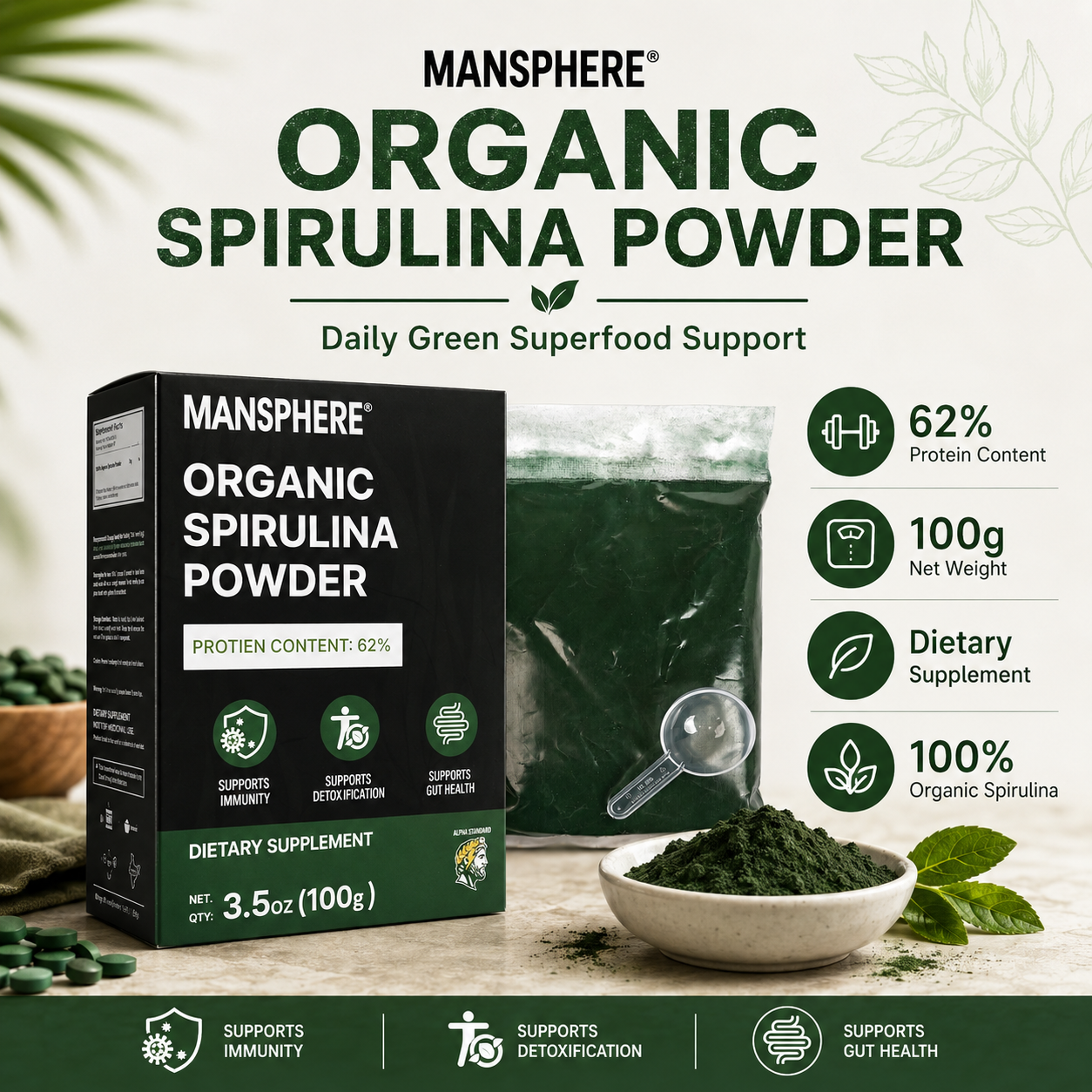 Mansphere Organic Spirulina Powder 100g | 62% Protein